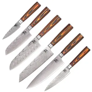 Ensemble de couteaux japonais de Chef de cuisine professionnel en acier inoxydable, Set de couteaux de cuisine à manche en bois personnalisé, 6 pièces