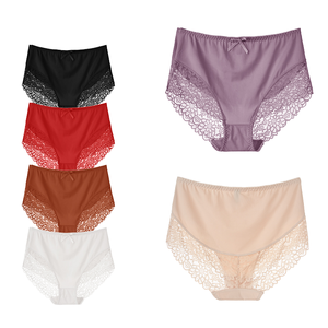 Braguitas de cintura media para mujer, de color liso, con ribete de encaje, sin costuras, estilo elegante, lavables a máquina, de punto, de elastano y poliéster. - Product Image 1