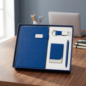 Ensemble cadeau d'affaires en cuir PU bleu : carnet, stylo, porte-clés, porte-cartes - Product Image 2