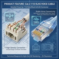 Câble de raccordement vocal HEADWAY Cat.3 110 vers RJ45, 4 paires UTP, câble téléphonique, gris, PVC, fil de communication