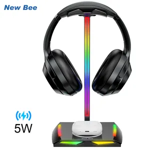 New Bee 7 Colors RGB Desk Gaming Headset Stand Dual Type-C 2.0 and USB-A 2.0 Ports Headphone Stand with 5W Wireless Charging