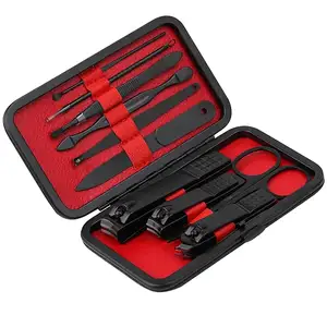 Ensemble de manucure noir 10 en 1 Kit de coupe-ongles outils de soin des ongles professionnels en acier inoxydable avec étui de voyage en cuir