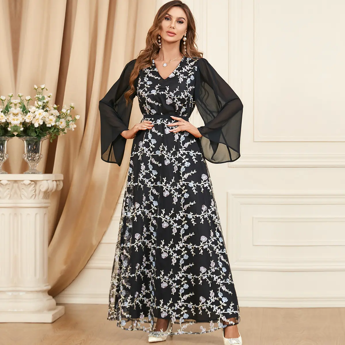 Middle East New Design Women's Muslim Arab Women's long skirt kaftan luxurious Lace Chiffon Sleeve abaya muslim dresses