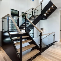 Escalier droit en bois flottant de qualité supérieure avec balustrade en verre à embouts en acier inoxydable 304