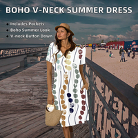 Robe T-shirt Midi Boutonnée Col V pour Femme, Grande Taille, Style Bohème, Manches Courtes, Poches, Collection Été 2026, Plage, Fabriquée en Chine