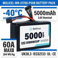 Pack de batteries Molicel INR-21700-P50B 6S1P 21,6V 5000mAh -40C Batterie LiPo pour drone basse température XT60