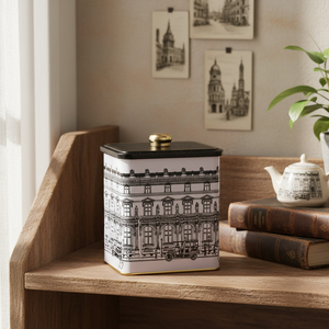 Kontensan ER0232J 1.8L <b>Vintage</b> Cityscapes Illustration Metal Square <b>Box</b> with Knob Handle 120x120x137 mm Turkey - Product Image 3
