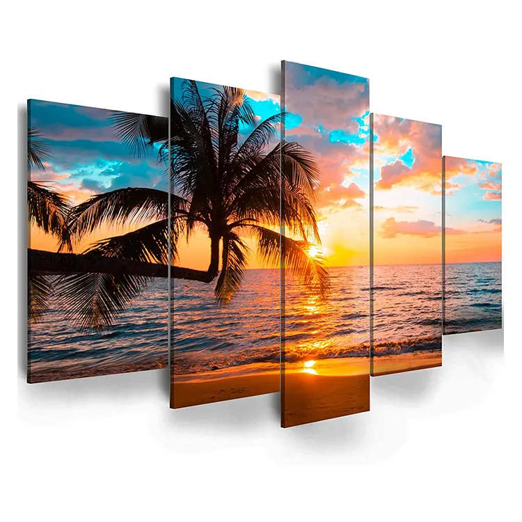 Low price hot sale 5 pieces beach sea sunset ocean pictures natural landscape painting art wall canvas landscape 5 pieces