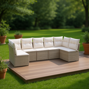 Ensemble de canapés de jardin en rotin PE 6 places, mobilier d'extérieur durable au design contemporain, structure en acier beige - Product Image 2