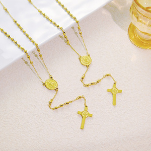 Chaîne de perles en acier inoxydable doré et argenté Saint Benoît, collier religieux avec croix de la Vierge <span class=keywords><strong>Marie</strong></span>, chapelet catholique - Product Image 1
