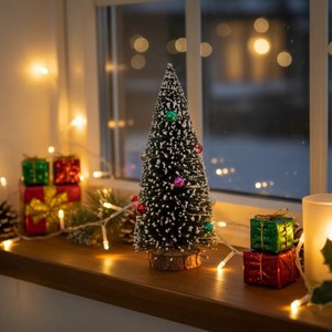 Sanwei Bàn Đồ Trang Trí Giáng Sinh Trang Trí Mini Cây Giáng Sinh Nhân Tạo Giáng Sinh Chai Bàn Chải Cây Với Cơ Sở Bằng Gỗ - Product Image 5