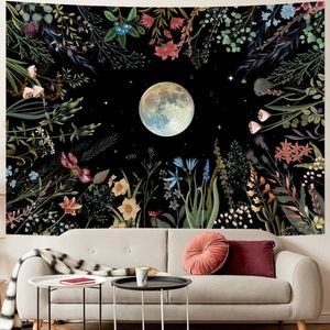 Tapisserie murale en polyester motif galaxie et fleurs Black Moon, imprimée, lavable en machine, décoration murale, art mural, vente en gros - Product Image 2
