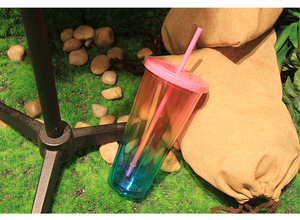 Vaso <span class=keywords><strong>de</strong></span> Plástico Acrílico <span class=keywords><strong>de</strong></span> Doble Pared, Cónico, con Purpurina, con Orificio y Tapón, con Pajita, para Uso en Campamentos - Product Image 3