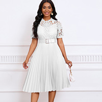 Robe Courte Décontractée Taille XXL Professionnelle pour Femme, Couleur Unie, Manches Courtes, Plissée, Style Costume, Dentelle, Tendance, Formelle, Affaires