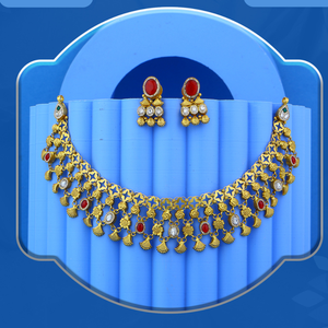 Collar tradicional de oro con piedras rojas, joyería nupcial india, elegante conjunto de gargantilla y aretes para mujer, ropa festiva de diseñador. - Product Image 3