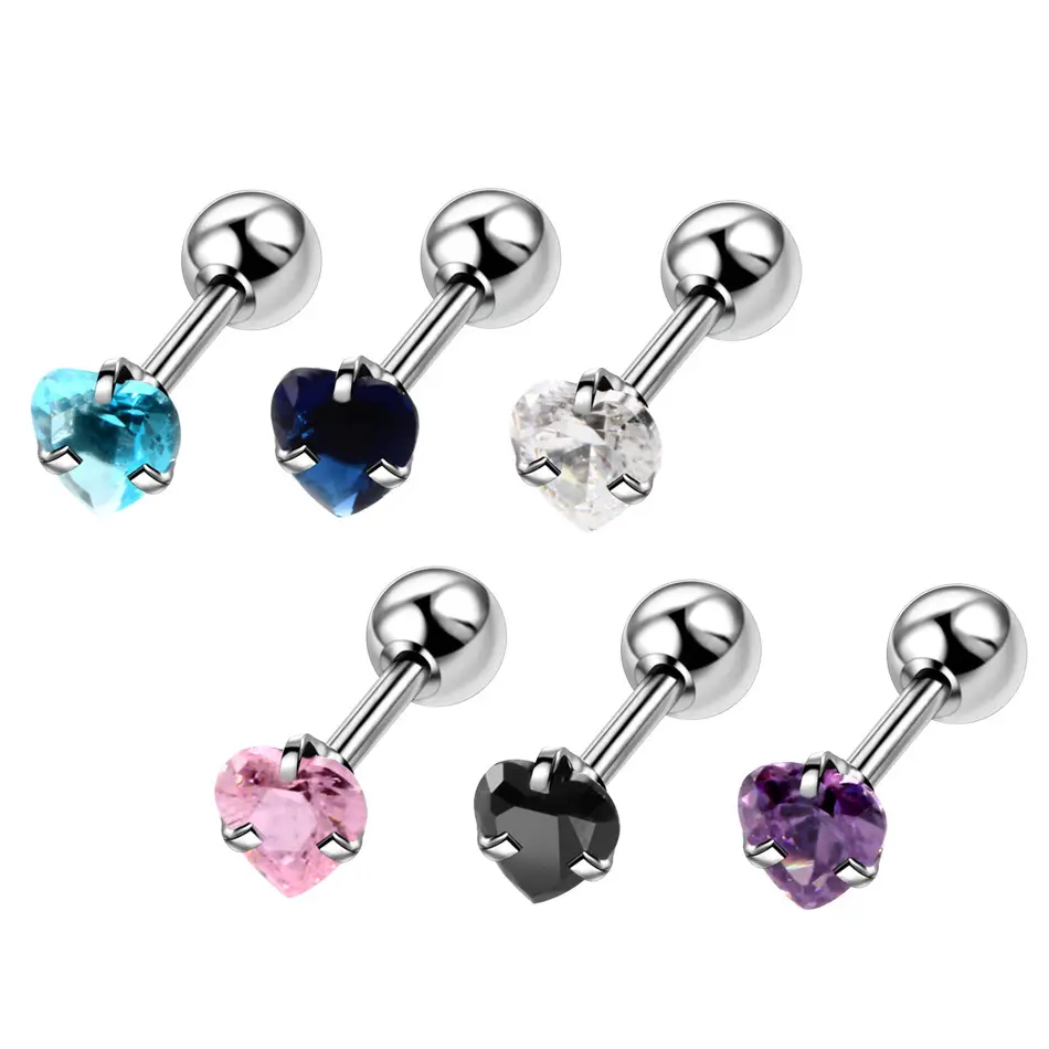 Wholesale Stainless Steel Heart Shape Zircon Stud Earrings Mixed Color Ear Piercing Studs Rings