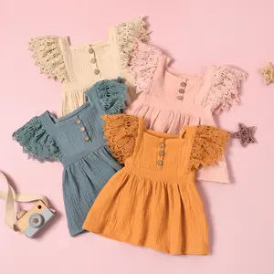 Vendita calda ragazze Casual partito gonna bambini pizzo volant spalla vestiti del bambino principessa garza di cotone estate vestito della neonata