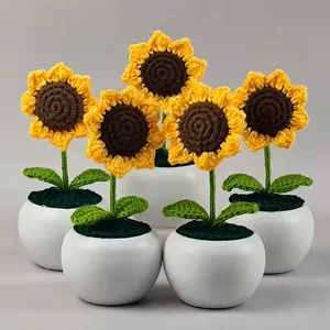 Hadiah hari ibu grosir Diy pemotong rajut pot buatan tangan Mini pot bunga rajutan bunga matahari