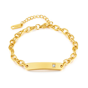 Custom 18K PVD Gold Stainless Steel ID Bar Bracelet with Cubic Zirconia Blank for Custom Text Laser <b>Engraving</b> Personalized Gift - Product Image 1