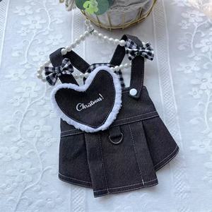 Denim <b>Overalls</b> Pet Dress With Heart Patch And Bowknot For Cats Dogs Princess Style Lightweight Spring Summer Wear - Product Image 2