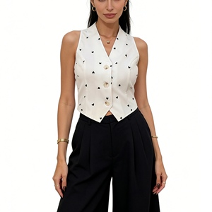 Chaleco Corto con Estampado de Corazones para Mujer, sin Mangas, Cuello en V, con Botones, Estilo Casual - Product Image 5