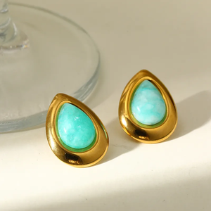 <b>Hot</b> Selling 18K Gold Plated 304 Stainless Steel Vacuum Electroplating Natural <b>Stone</b> Geometric Handmade Earrings For Women - Product Image 4