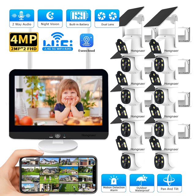 Hongnaer 4MP Eseecloud WiFi 8CH IP Solar Camera Surveillance System With HDD Cloud Storage 12" LCD NVR for Outdoor Home and Farm