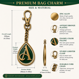 Étiquette de sac personnalisée en laiton antique, <span class=keywords><strong>lettre</strong></span> <span class=keywords><strong>R</strong></span> en forme de goutte d'eau avec émail vert foncé et branche de laurier, chaîne gourmette et fermoir mousqueton - Product Image 4