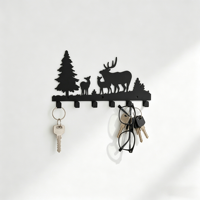 Crochets muraux en métal découpé au laser style forêt rustique, scène de cerf en fer noir, 6 crochets, capacité de charge 5 kg, décoration d'entrée de maison