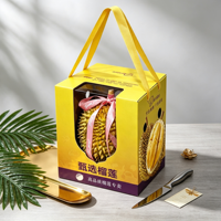 Durian dozen voor verpakkingen, gele vensterdoosjes, premium handvat voor vers fruit, studio palmblad gouden dienblad, mes, label, groothandel