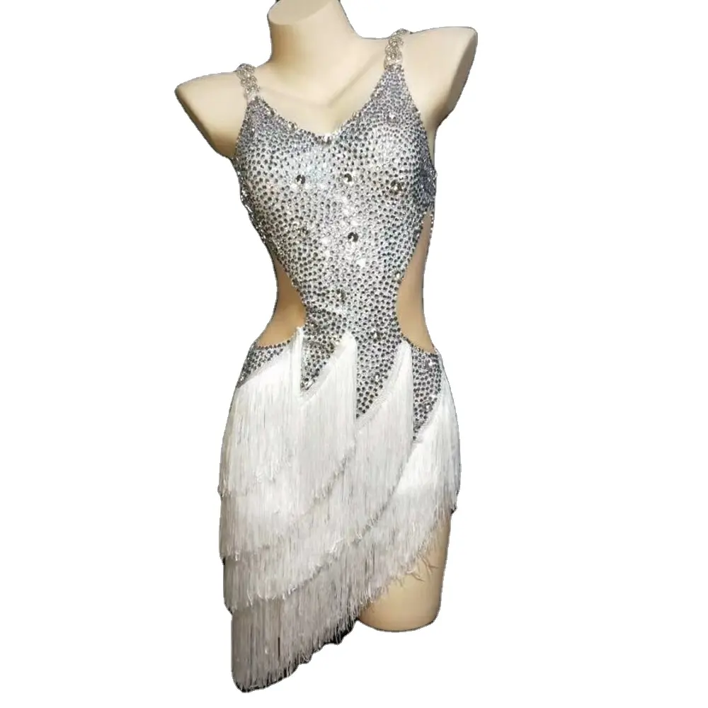 Vestido de fiesta de plata brillante sin mangas con borlas de cristal para mujer, minivestido de fiesta para baile latino, talla grande