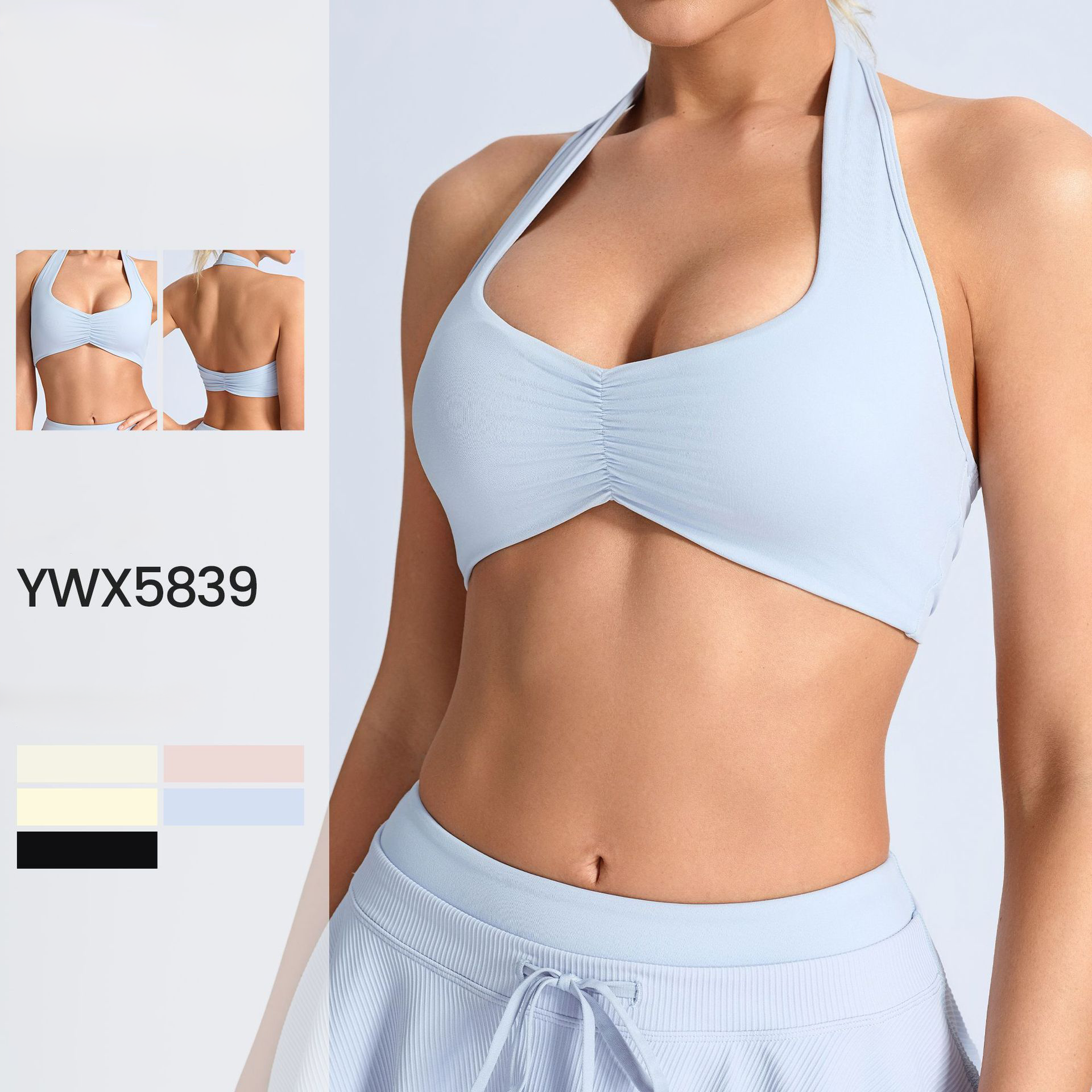 Custom Logo Women's Ruched Halter Sports Bra Removable Pads Yoga Workout Crop Top Backless Sports Bra
