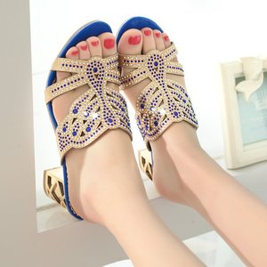 Fashion Rhinestone Chunky Heel Hollow Fish Mouth Beach Large Size Bling <b>Sandals</b> for Women and Ladies - Product Image 1