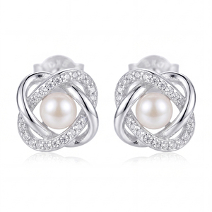 Élégantes boucles d'oreilles clous en argent S925 avec perles d'eau douce et zircon, motif feuille, pour femme, cadeau de mariage ou d'anniversaire - Product Image 1