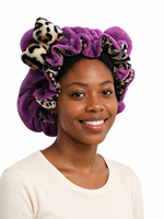 Bonnet de nuit ajustable doublé satin, grande taille 35 cm, en polaire douce pour cheveux bouclés, pour femme, avec nœud décoratif en satin rose