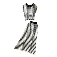 Ensemble jupe mi-longue et haut en tricot rayé pour femme, été, décontracté, élégant, deux pièces