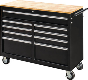46-Inch Black Metal <b>Tool</b> Storage Roller Cabinet with 9 <b>Drawers</b> Wooden Workbench and 4 Casters for Garage Workshops - Product Image 1
