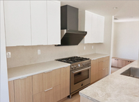 Cuisine moderne modulaire à panneaux plats bicolore avec îlot de cuisine et plan de travail en quartz pour la rénovation de maisons résidentielles