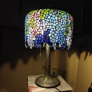 Lámpara de Mesa LED de 14'' con Diseño Europeo y Motivo de Glicinia China, Estilo Tiffany, Vidrio Artístico Hecho a Mano, Alimentación CA, Pantalla Azul para Cafetería - Product Image 2