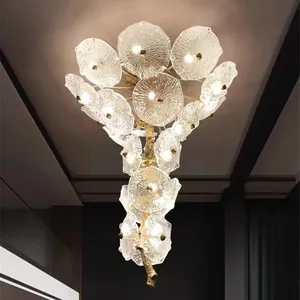 Custom Waterfall Tree Branch Glass Chandelier Living Room Art Led Light Romantic Aluminum Lotus Leaf Pendant Light In Gold Color