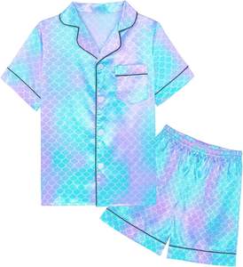 ชุดนอนเด็กผู้หญิงผ้าซาตินแขนสั้นติดกระดุม ชุดนอนผ้าไหมสำหรับเด็กวัยหัดเดิน 3T-10Y - Product Image 1