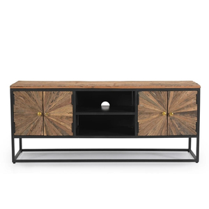 Industrial Style Wagon Wood TV Cabinet Natural Wooden Finish with <b>Black</b> Powder Coated Mild Steel Frame Media <b>Console</b> Storage - Product Image 3