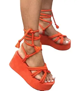 Sandalias de cuña con plataforma y punta redonda para mujer, zapatos de verano, color liso, talla grande