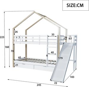 Lit superposé avec toboggan et échelle <span class=keywords><strong>d</strong></span>'<span class=keywords><strong>angle</strong></span> à trois étages et 2 tiroirs Lit de maison avec protection contre les chutes Cadre de lit en bois massif blanc - Product Image 3