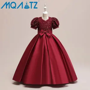 MQATZ top sale paillettes rosso bambini abito da sera fiocco manica corta abito shinny per ragazza 7-11 anni vestito gonfio ALP-0013