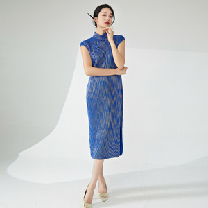 Abito da donna senza maniche a pieghe elasticizzato di media lunghezza, stile retrò <span class=keywords><strong>con</strong></span> <span class=keywords><strong>spacco</strong></span>, design cinese, alta qualità, all'ingrosso - Product Image 5