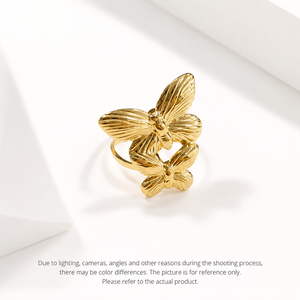 Double Butterfly <b>Open</b> <b>Ring</b> Stainless Steel 14K Gold Vacuum Plated Adjustable Ribbed Wing Statement <b>Ring</b> - Product Image 1