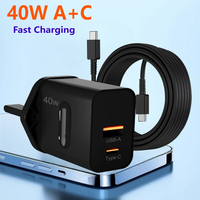 Chargeur rapide double port PD 40W USB-A USB-C avec câble de données Type-C, prise EU/US/AU/UK, prix d'usine, adaptateur secteur pour téléphone portable