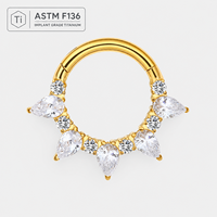 Anneau de septum en titane ASTM F136 en forme de goutte d'eau, 16G, à segment articulé, pour le nez, avec zircon blanc, plaqué or, bijoux de piercing corporel