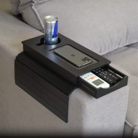 Plateau d'accoudoir de canapé pliable en bambou noir personnalisé avec porte-gobelet et tiroir pour rangement télécommande et téléphone